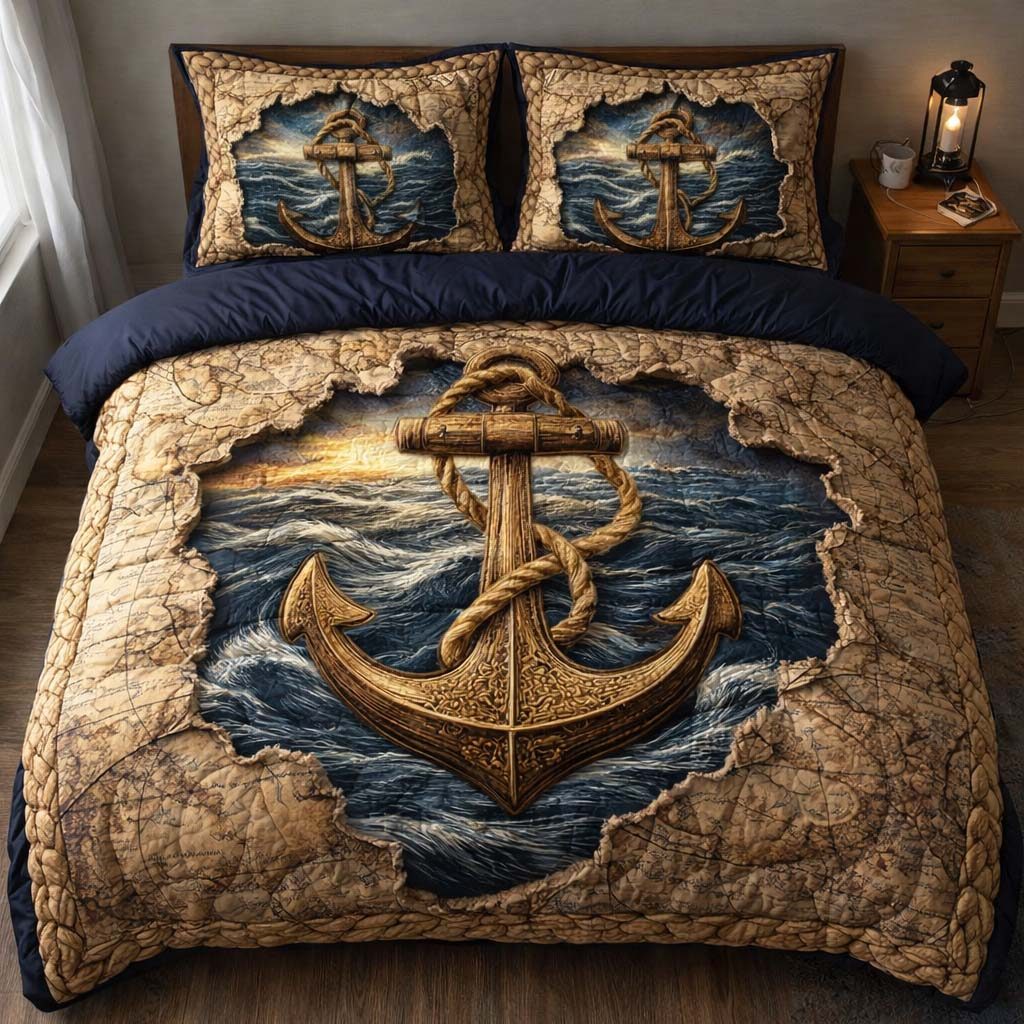 Storm Anchor quilted 3-piece bedding set on a made bed in a light coastal bedroom