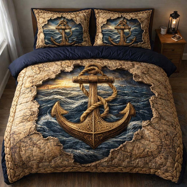 Storm Anchor quilted 3-piece bedding set on a made bed in a light coastal bedroom