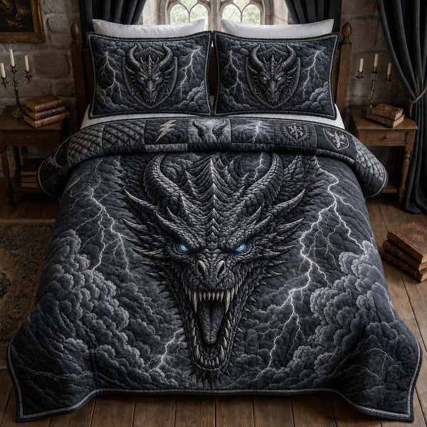 Storm Dragon Roar quilted 3-piece bedding set on a made bed with two matching pillow shams