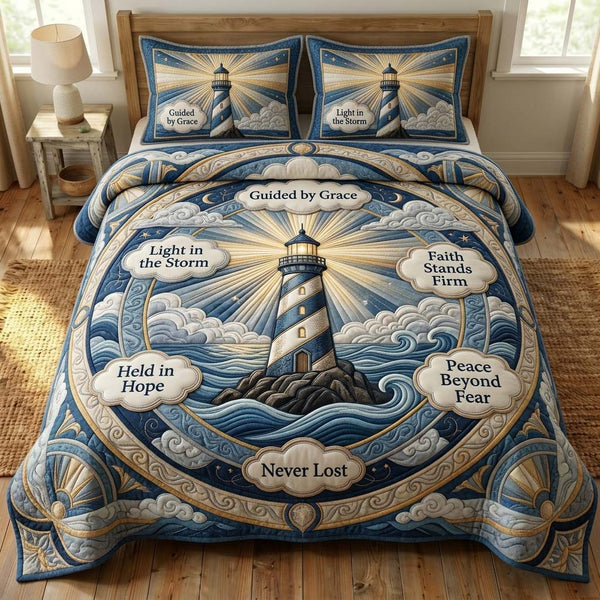 Storm Peace quilted 3-piece bedding set on a made bed with two matching pillow shams
