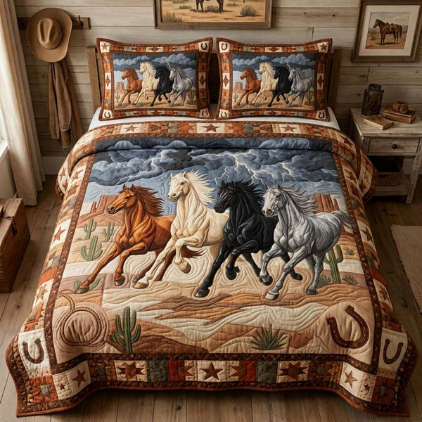 Storm Wild Horses quilted 3-piece bedding set on a made bed in a rustic timber bedroom