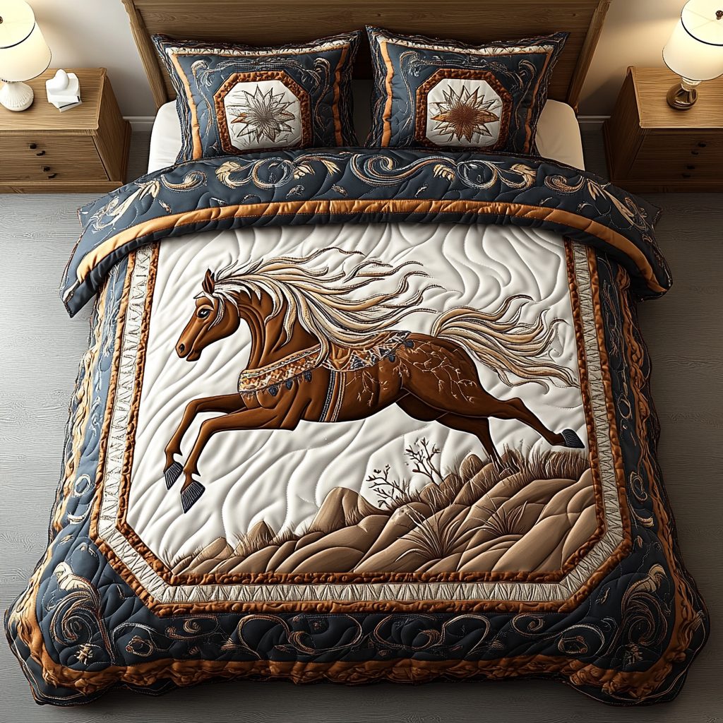 Stormrider Studio quilted 3-piece bedding set on a made bed with two matching pillow shams