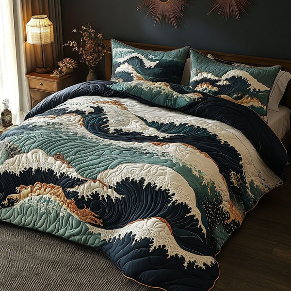 Stormy Serenity quilted 3-piece bedding set on a made bed with two matching pillow shams