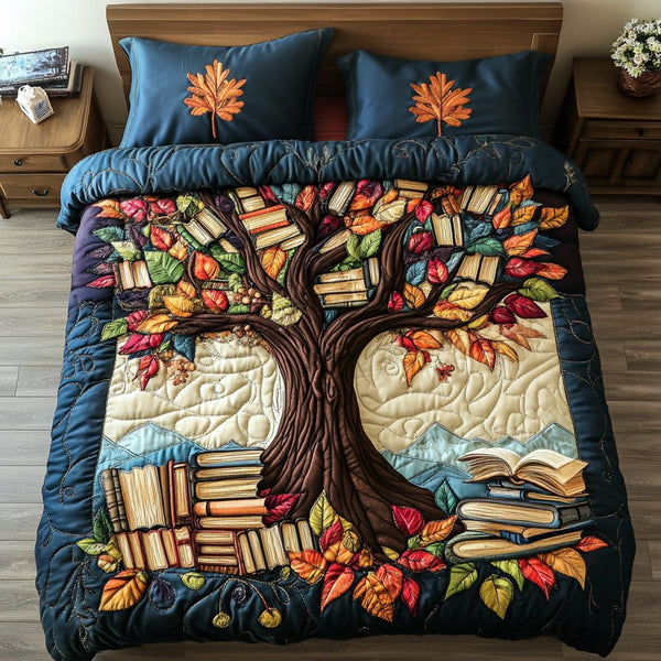 Story Garden quilted 3-piece bedding set on a made bed with two matching pillow shams