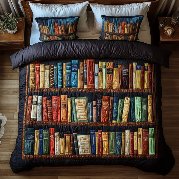 Story Nook quilted 3-piece bedding set on a made bed with two matching pillow shams