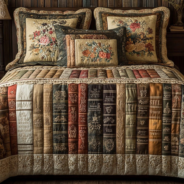 Story Quilt quilted 3-piece bedding set on a made bed with two matching pillow shams