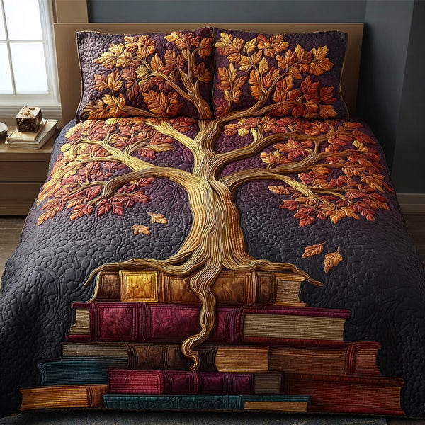 Story Roots quilted 3-piece bedding set on a made bed with two matching pillow shams