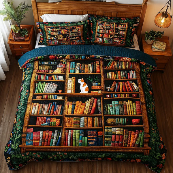Story Roses quilted 3-piece bedding set on a made bed with two matching pillow shams