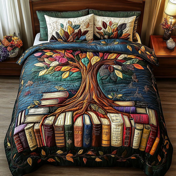 Story Slumber quilted 3-piece bedding set on a made bed with two matching pillow shams
