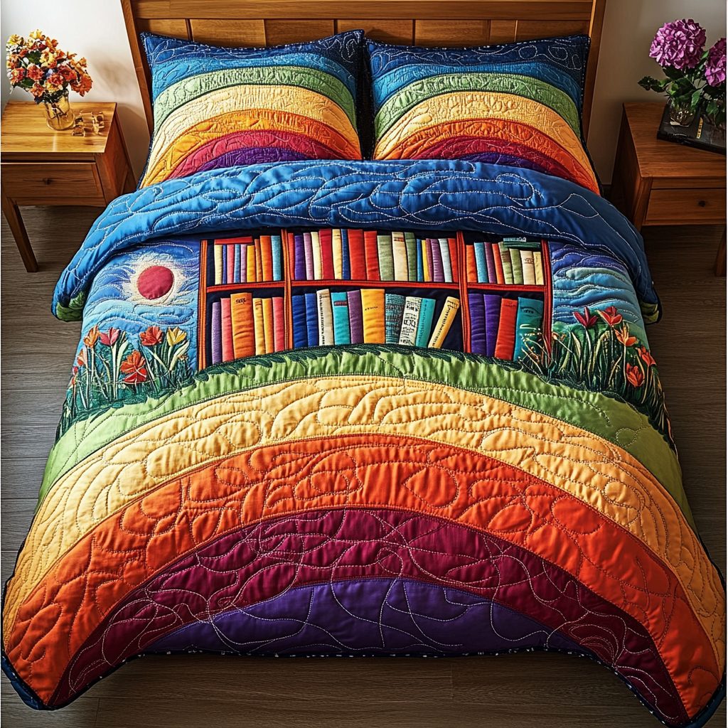 Story Stack quilted 3-piece bedding set on a made bed with two matching pillow shams