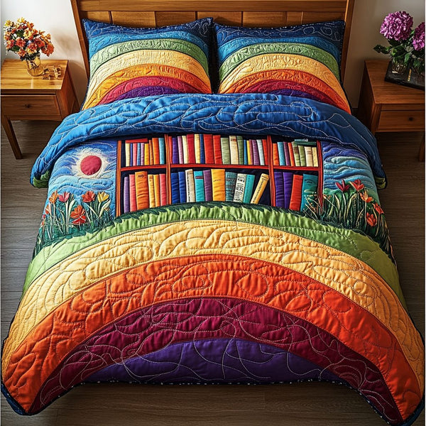 Story Stack quilted 3-piece bedding set on a made bed with two matching pillow shams