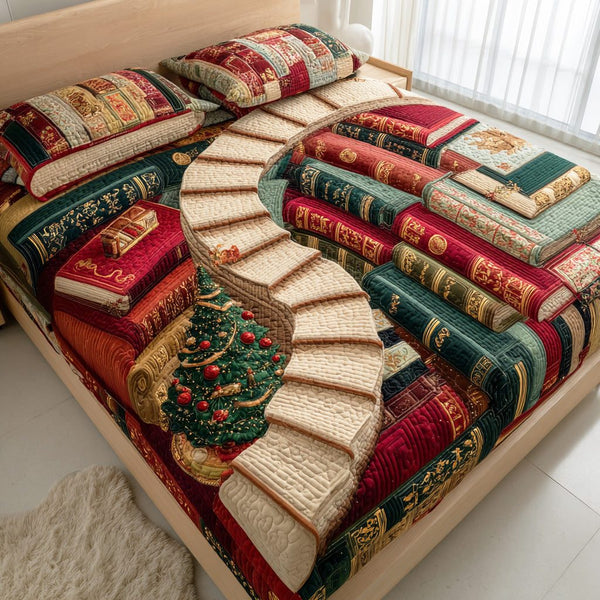 Story Stairway quilted 3-piece bedding set on a made bed with two matching pillow shams