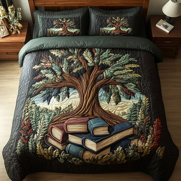 Story Tree quilted 3-piece bedding set on a made bed with two matching pillow shams
