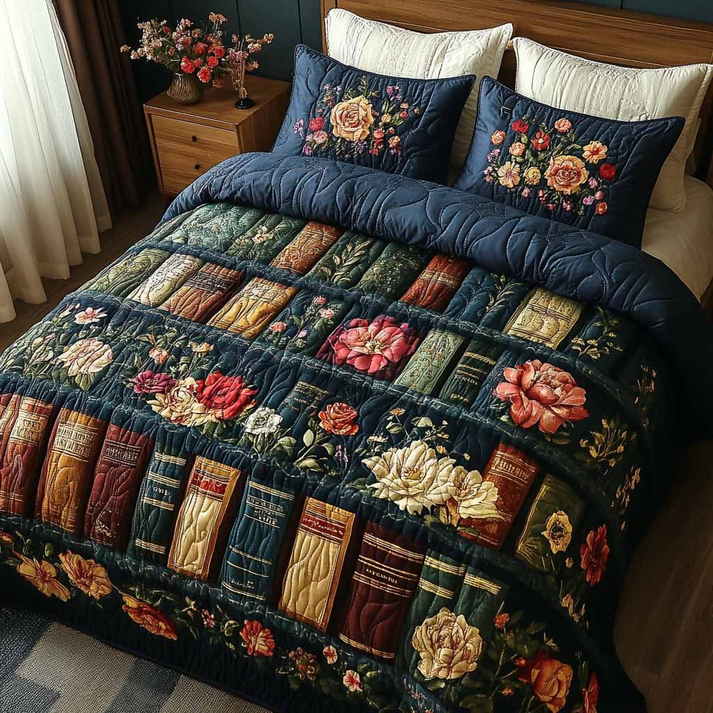 Storybook Charm quilted 3-piece bedding set on a made bed with two matching pillow shams