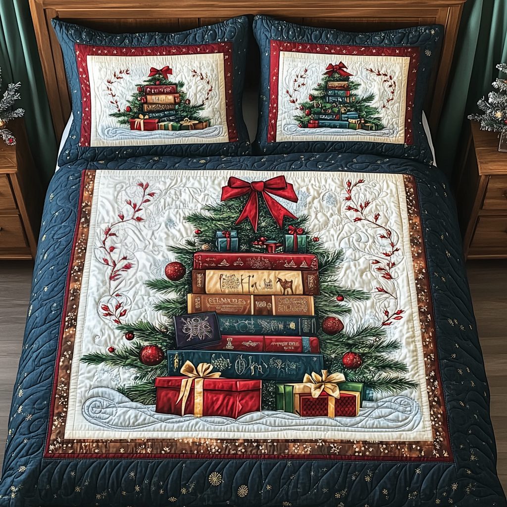 Storybook Christmas quilted 3-piece bedding set on a made bed in a winter-styled bedroom
