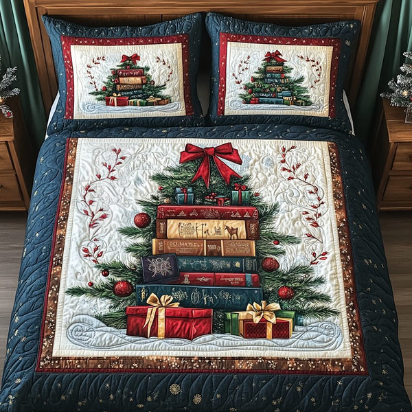 Storybook Christmas quilted 3-piece bedding set on a made bed in a winter-styled bedroom