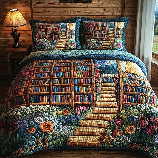 Storybook Garden quilted 3-piece bedding set on a made bed with two matching pillow shams
