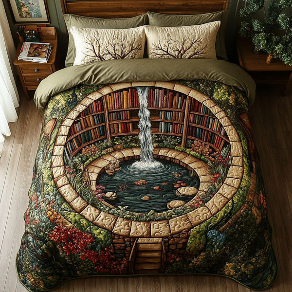 Storybook Haven quilted 3-piece bedding set on a made bed with two matching pillow shams