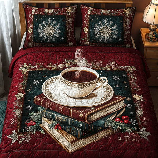 Storytime Serenity quilted 3-piece bedding set on a made bed with two matching pillow shams