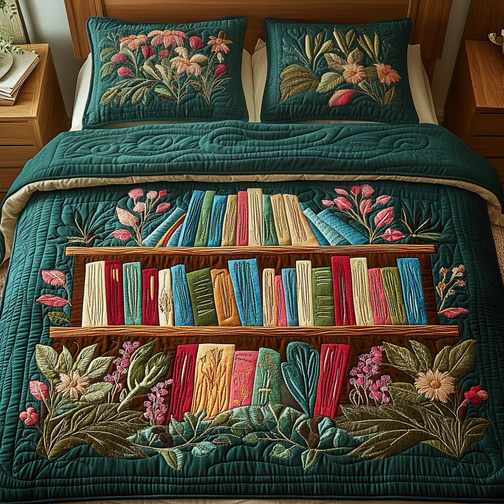 Storytime Warmth quilted 3-piece bedding set on a made bed with two matching pillow shams