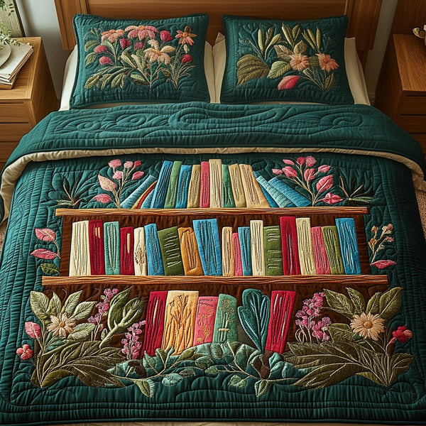 Storytime Warmth quilted 3-piece bedding set on a made bed with two matching pillow shams