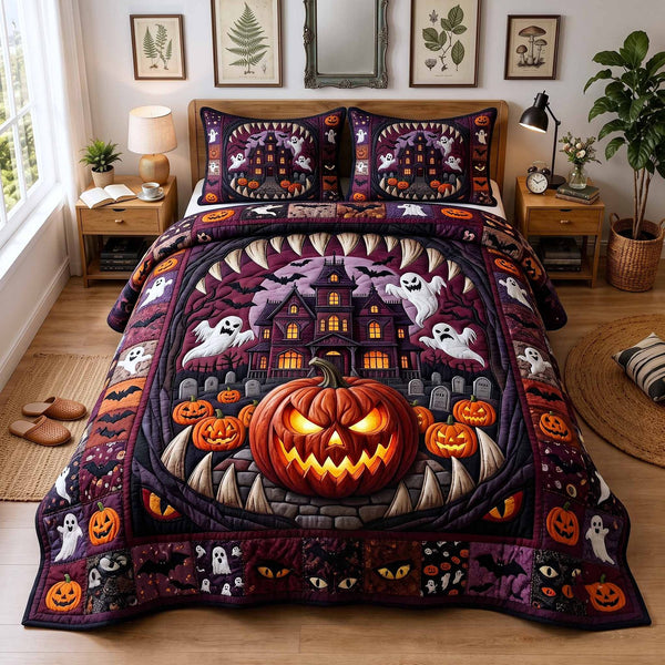 Strange Haunts quilted 3-piece bedding set on a made bed with two matching pillow shams