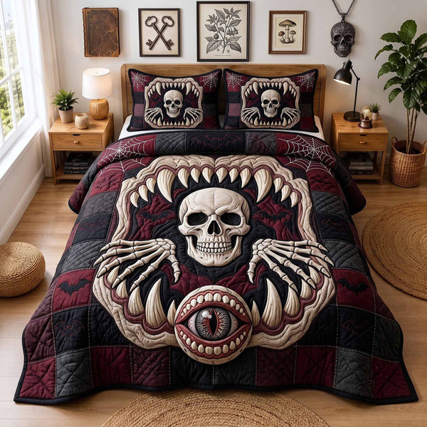 Strange Haunts quilted 3-piece bedding set on a made bed with two matching pillow shams