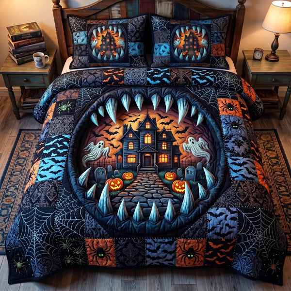 Strange Haunts quilted 3-piece bedding set on a made bed with two matching pillow shams