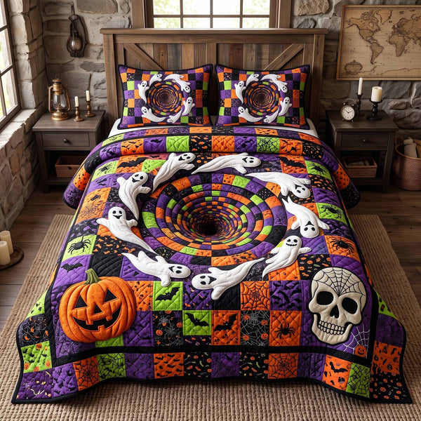 Strange Haunts quilted 3-piece bedding set on a made bed with two matching pillow shams