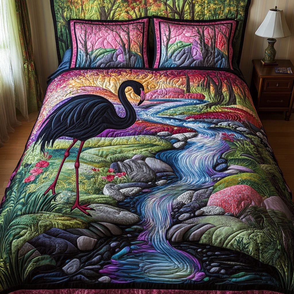 Stream Walk quilted 3-piece bedding set on a made bed with two matching pillow shams