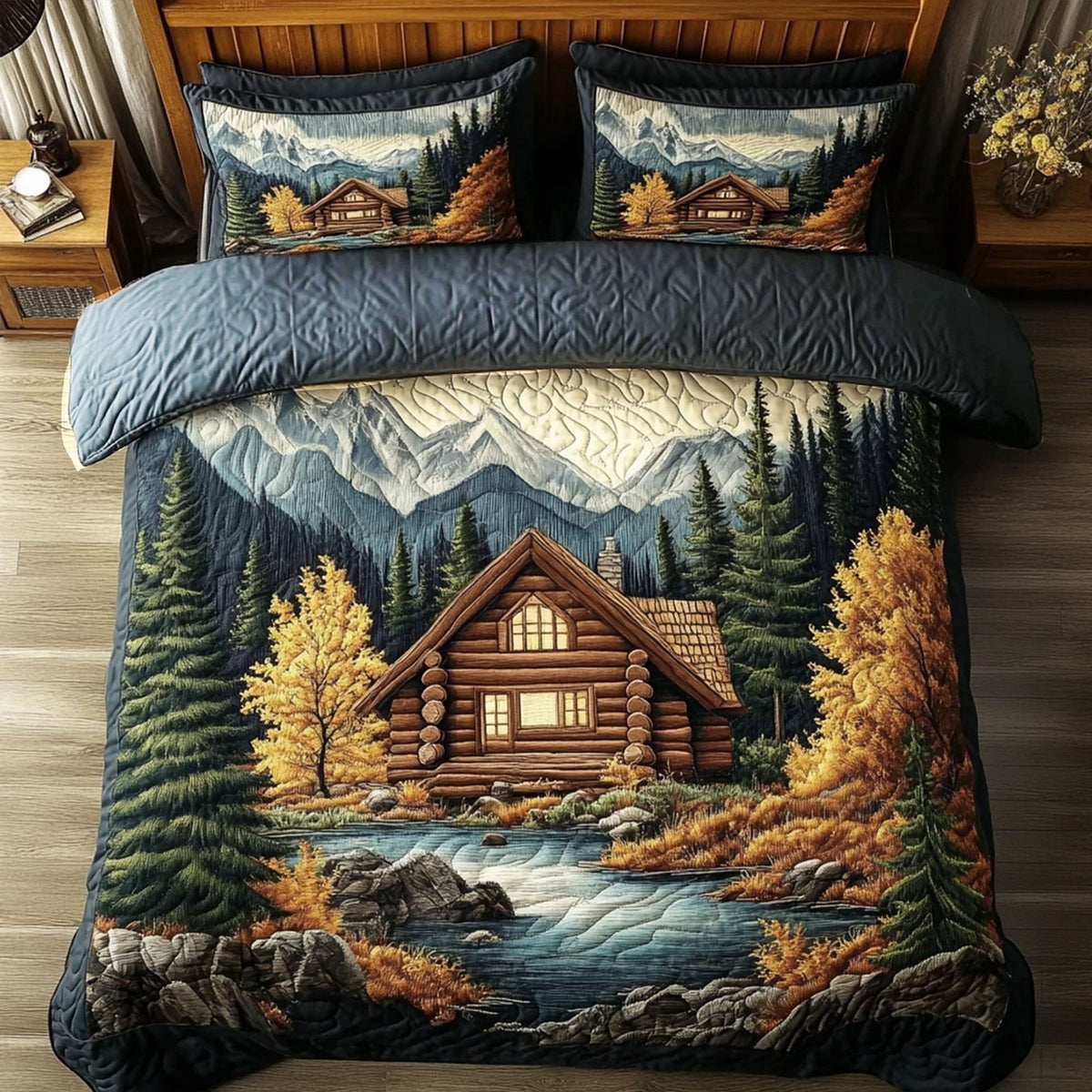Streamside Charm quilted 3-piece bedding set on a made bed with two matching pillow shams