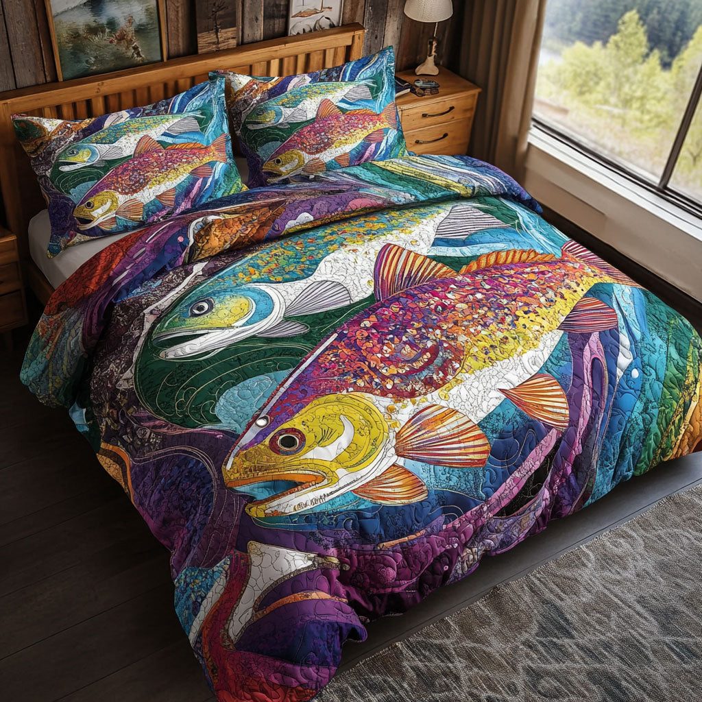 Streamside Slumber quilted 3-piece bedding set on a made bed with two matching pillow shams