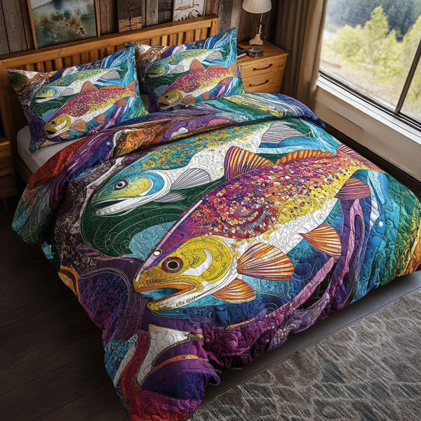 Streamside Slumber quilted 3-piece bedding set on a made bed with two matching pillow shams
