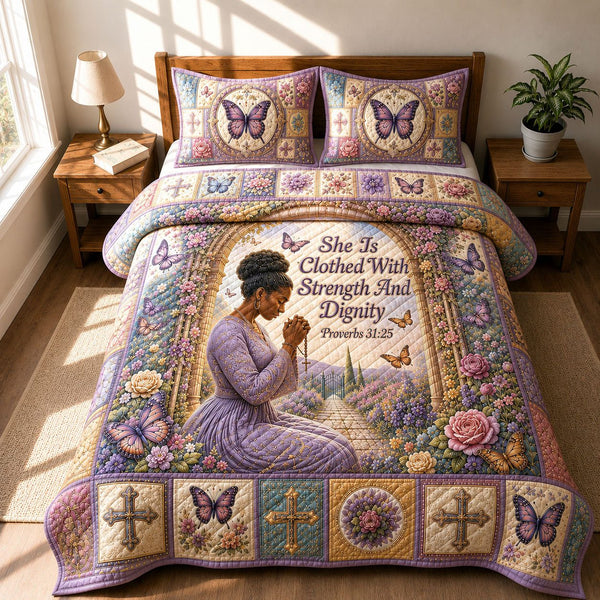 Strength And Dignity Prayer Garden quilted 3-piece bedding set on a made bed in a softly lit bedroom