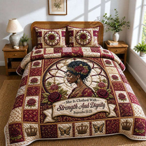 Strength And Dignity Rose Queen quilted 3-piece bedding set on a made bed with two matching pillow shams