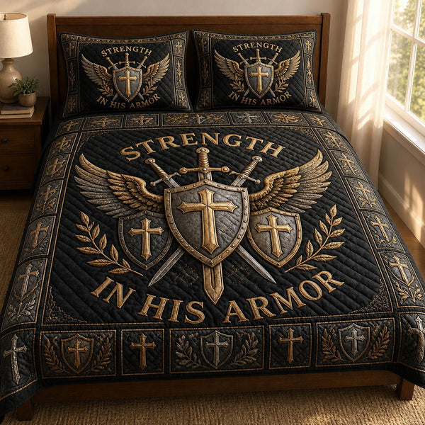 Strength In His Armor quilted 3-piece bedding set on a made bed with two matching pillow shams