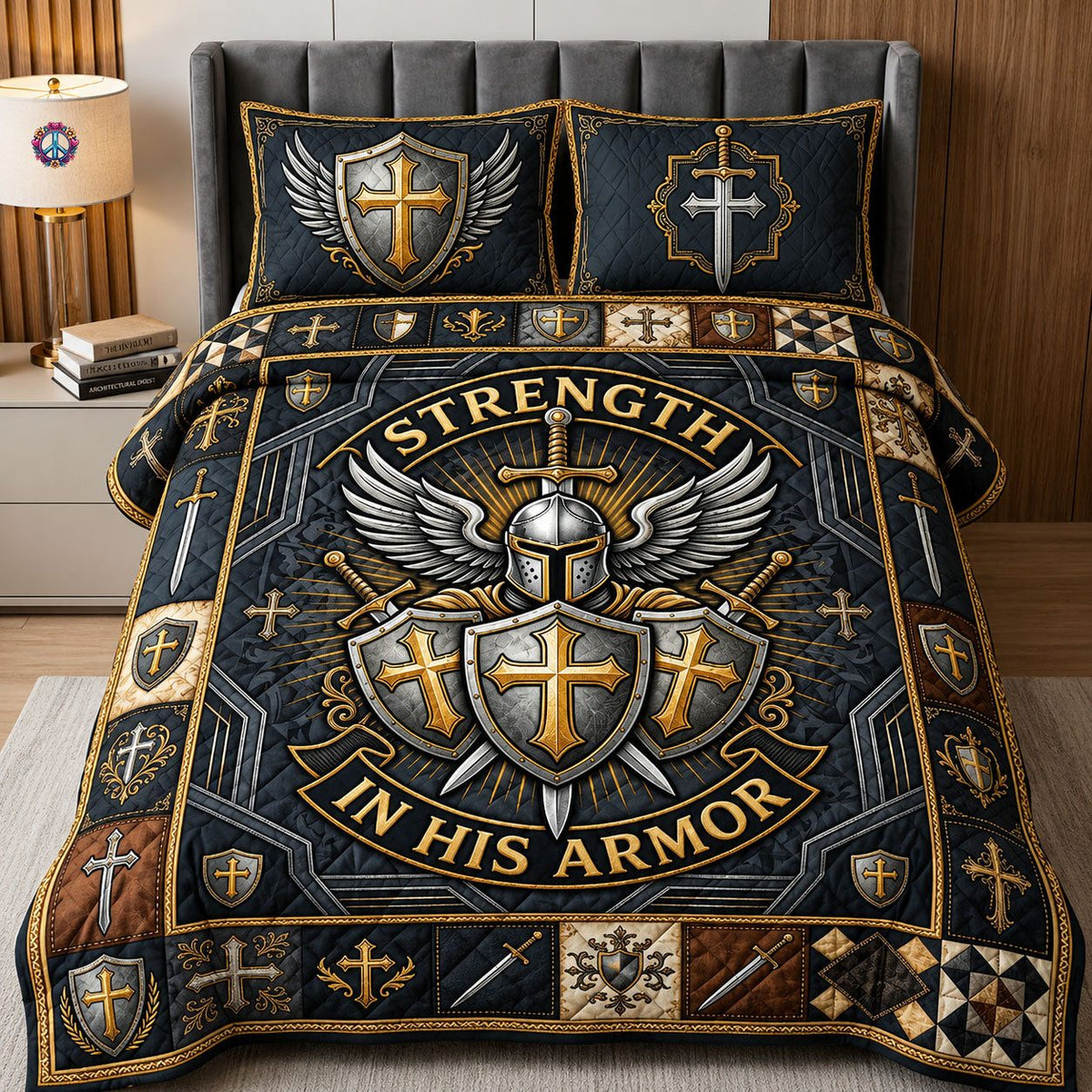 Strength In His Armor quilted 3-piece bedding set on a made bed with two matching pillow shams