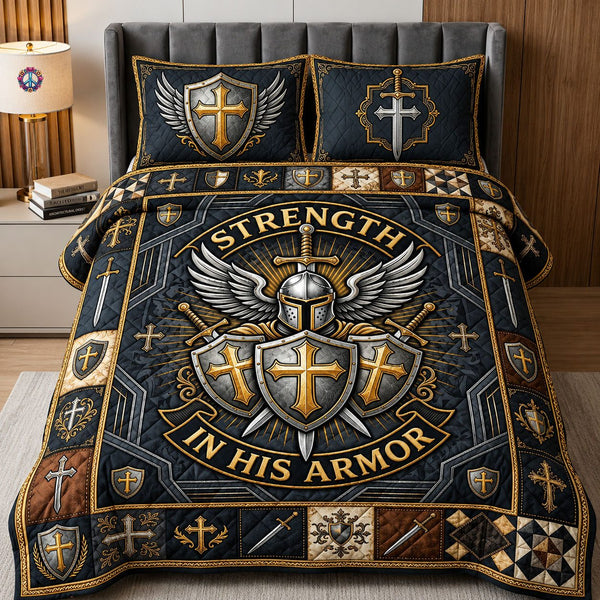 Strength In His Armor quilted 3-piece bedding set on a made bed with two matching pillow shams