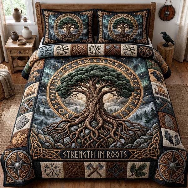 Strength In Roots quilted 3-piece bedding set on a made bed with two matching pillow shams