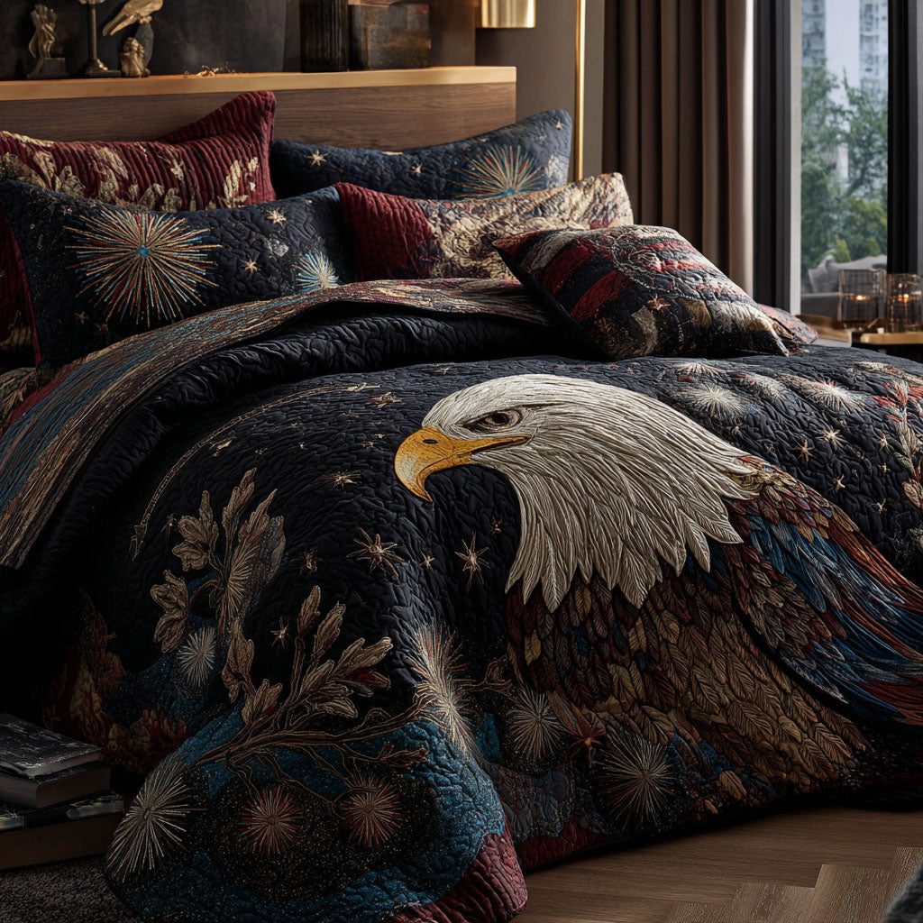 Strength of the Eagle quilted 3-piece bedding set on a made bed in a warmly lit bedroom
