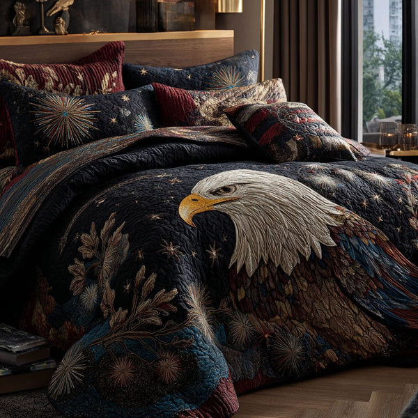 Strength of the Eagle quilted 3-piece bedding set on a made bed in a warmly lit bedroom