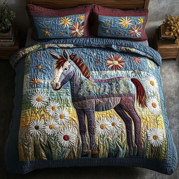 Strength of the Steed quilted 3-piece bedding set on a made bed with two matching pillow shams