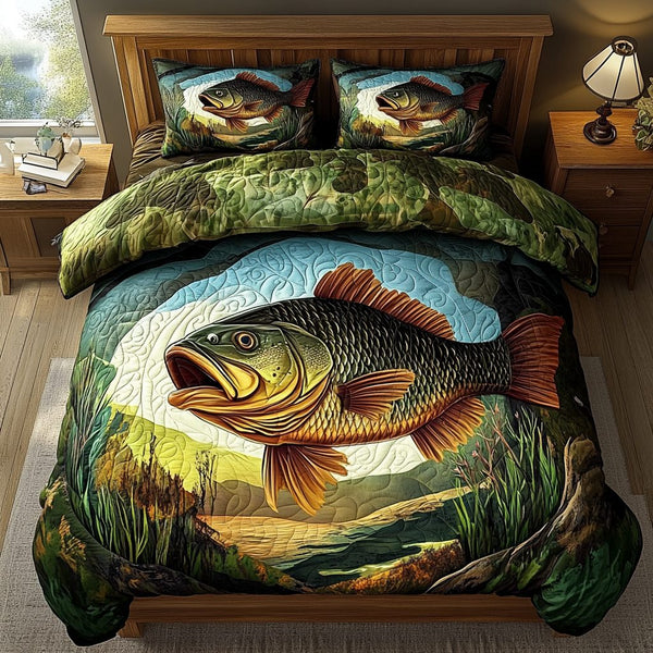 Strike Zone quilted 3-piece bedding set on a made bed with two matching pillow shams