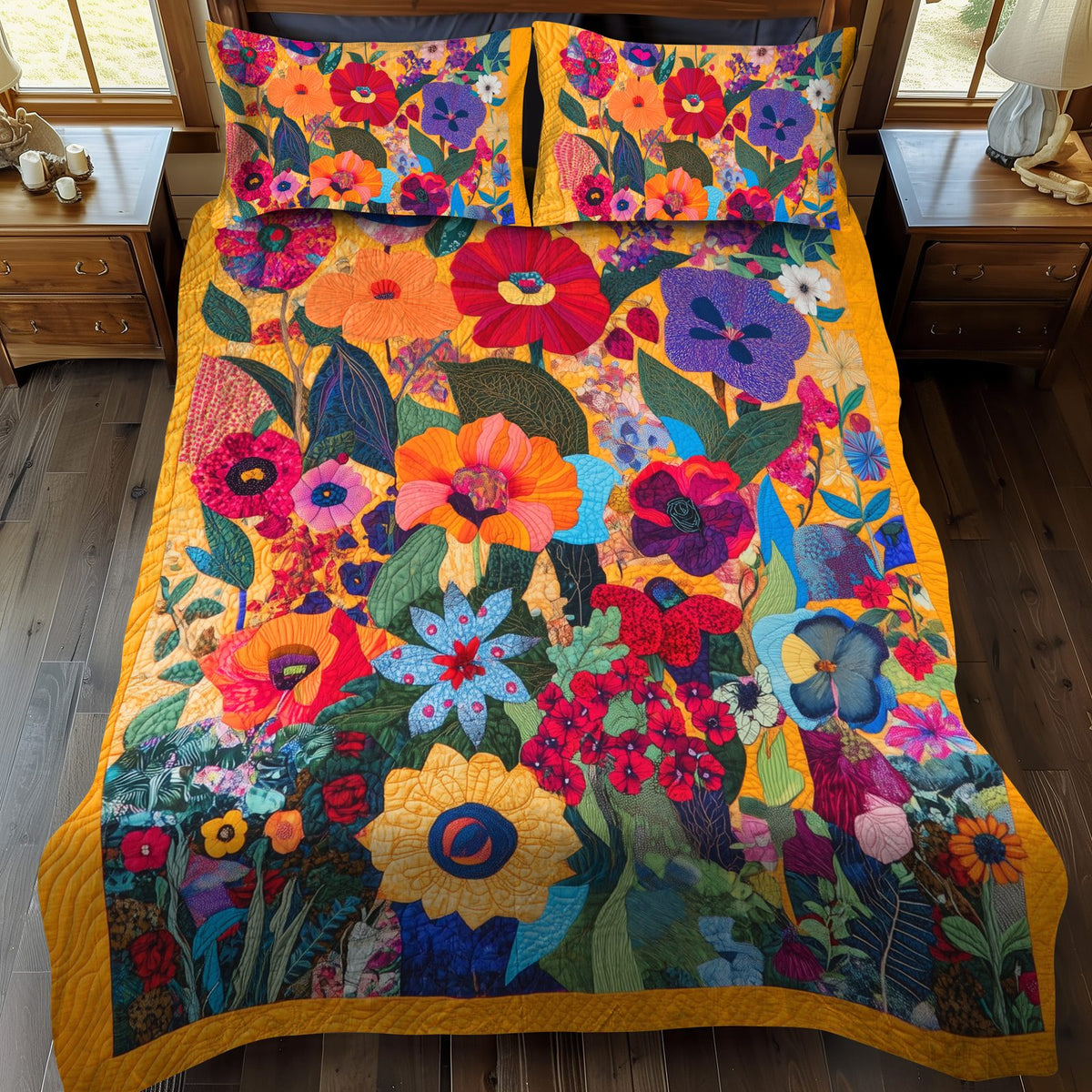 Striking Flowers quilted 3-piece bedding set on a made bed with two matching pillow shams