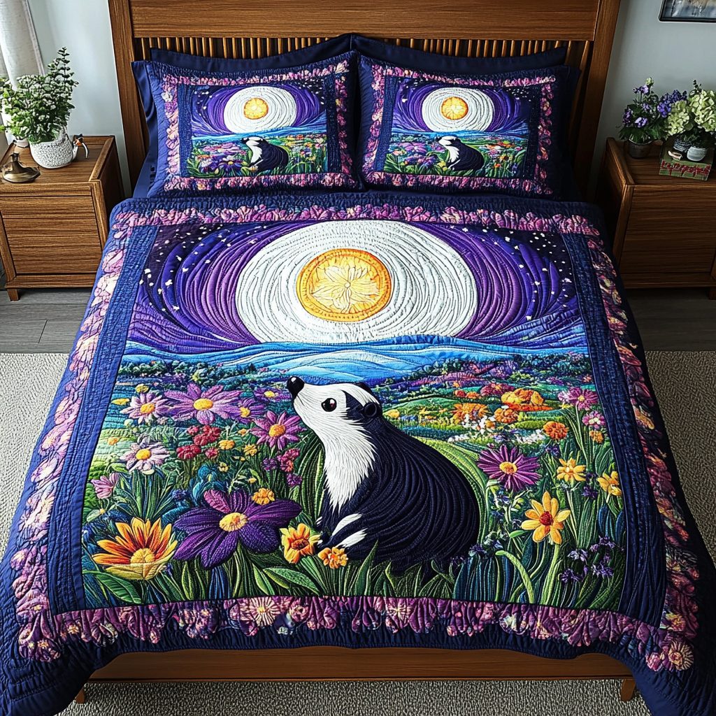 Stripe And Shadow quilted 3-piece bedding set on a made bed with two matching pillow shams