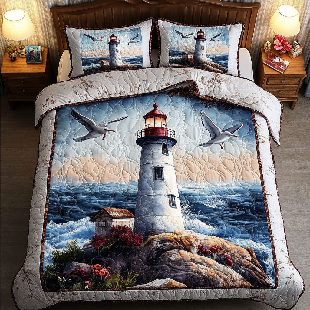 Striped Tower quilted 3-piece bedding set on a made bed with two matching pillow shams