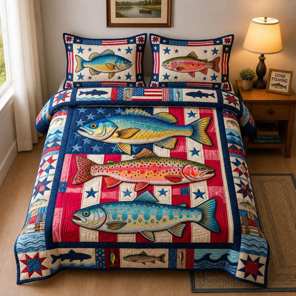 Stripped America Fishing quilted 3-piece bedding set on a made bed in a warmly lit bedroom
