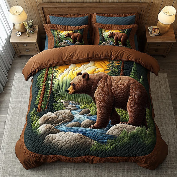 Strong Bear quilted 3-piece bedding set on a made bed with two matching pillow shams