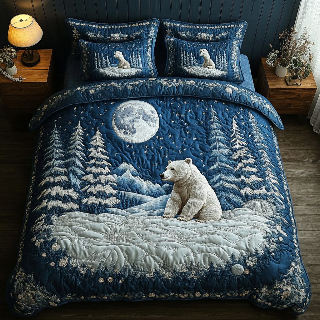 Strong Bear quilted 3-piece bedding set on a made bed with two matching pillow shams
