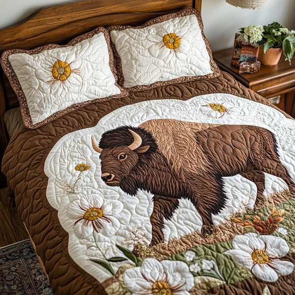 Strong Bison quilted 3-piece bedding set on a made bed in a rustic timber bedroom